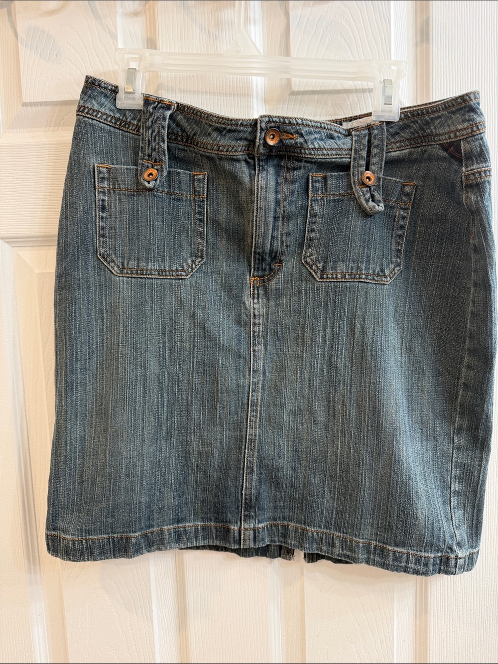 Classic Blue Denim Mini Skirt with Front Patch Pockets